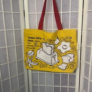 Trader Joe's Yellow Red Grocery Waffle Toast Jam Breakfast Reusable Tote Bag